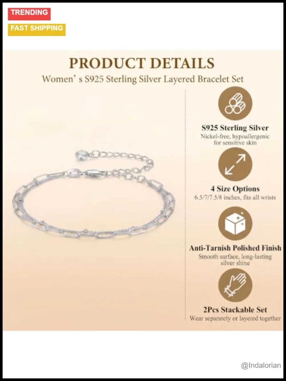 925 Sterling Silver Bracelet Set Paperclip & Bead Chain Stackable